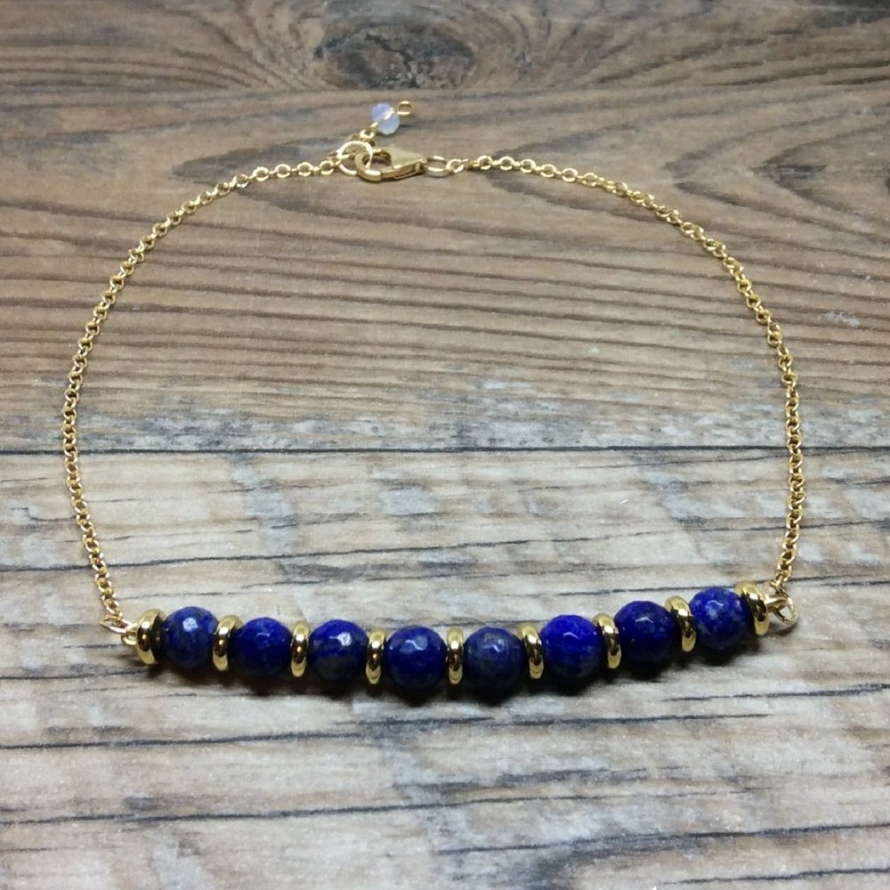 Lapis anklet, throat chakra, crystal healing jewelry, September birthstone